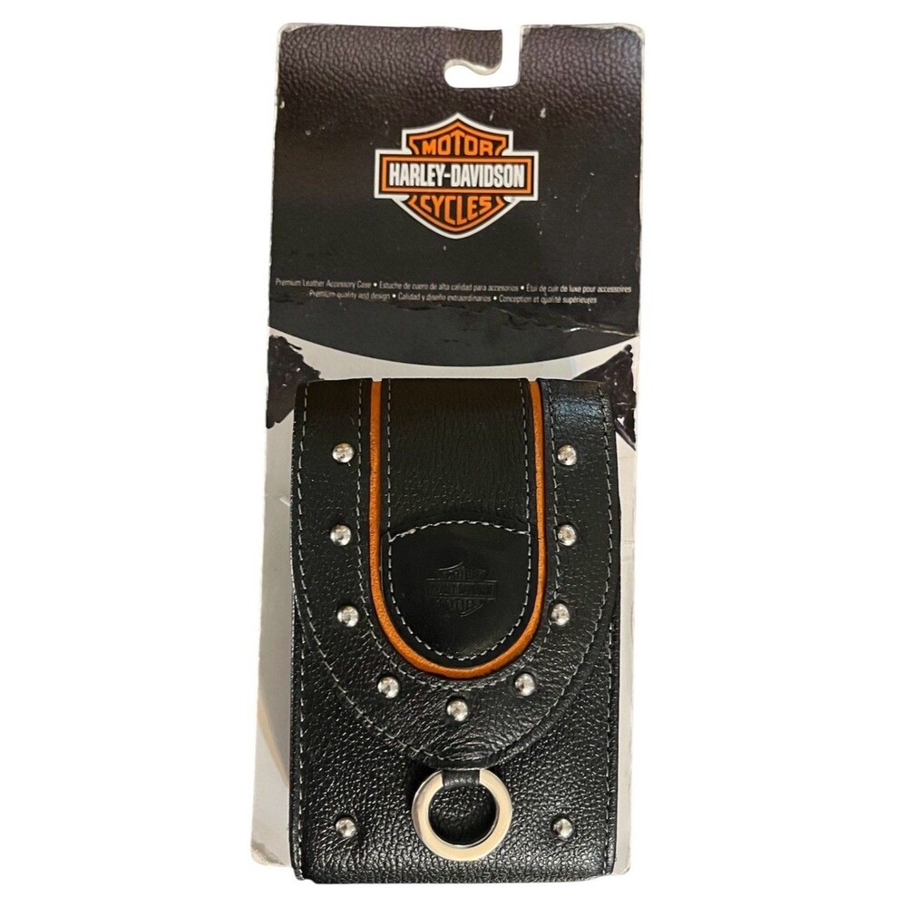 Harley Davidson Leather Belt Pouch Case Studded Black Orange NOS Wrist Strap
